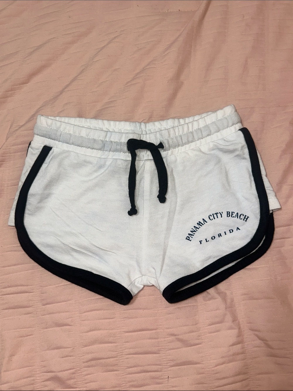 White Athletic GIRLS Shorts with Navy Trim and Panama City Beach Print